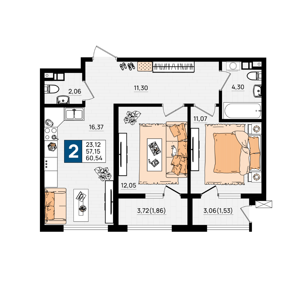 Планировка: 1-комнатная, 28,9 м²–73,9 м²