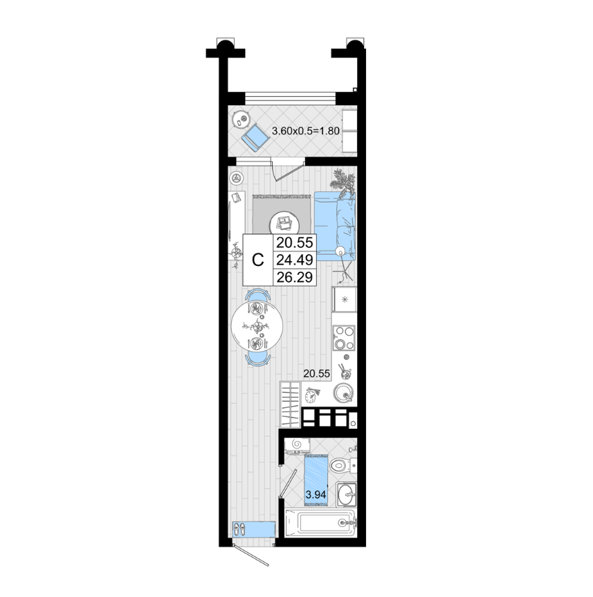 Планировка: Студия, 26,1 м²–53,2 м²